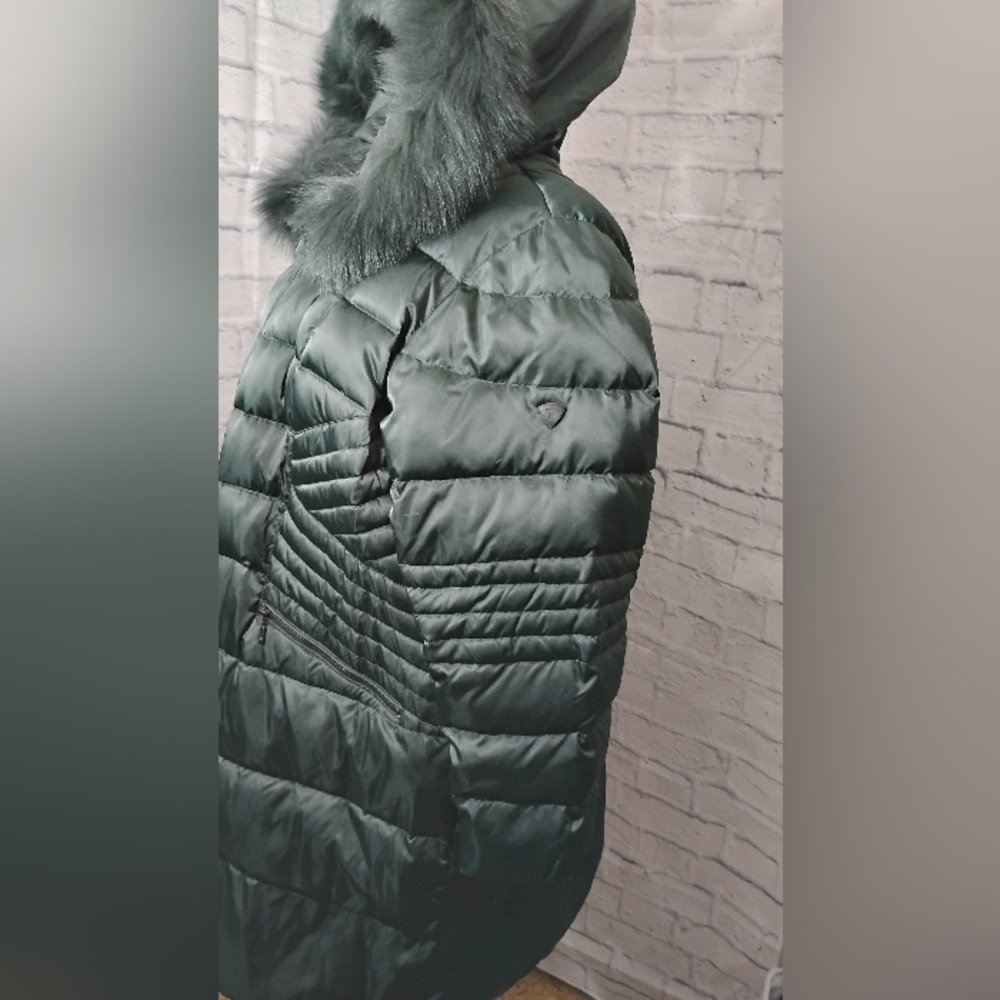 1 Madison Dark Jade Green Down Puffer Coat With Fur Trimmed Hood - Picture 9 of 12